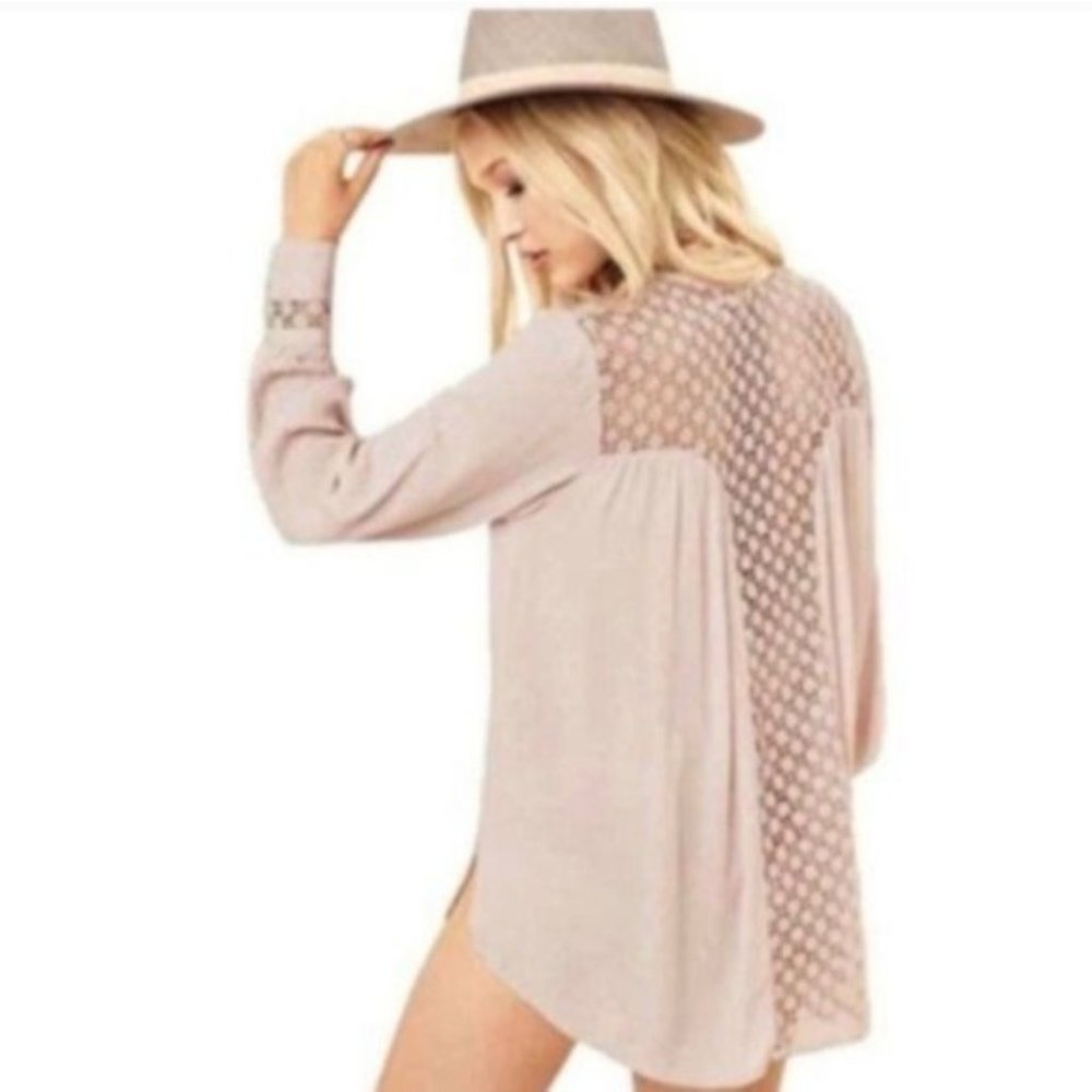 Free People 100% Cotton The Best Crochet Back Tan Blouse Size S Boho Western